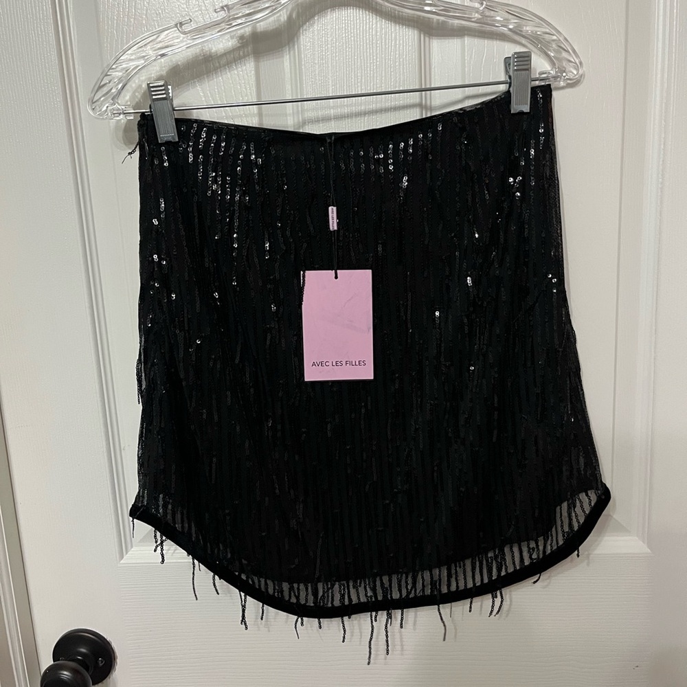 NWT Avec Les Filles Womens Black Sequin Fringe Short Mini Skirt size small - Picture 5 of 7